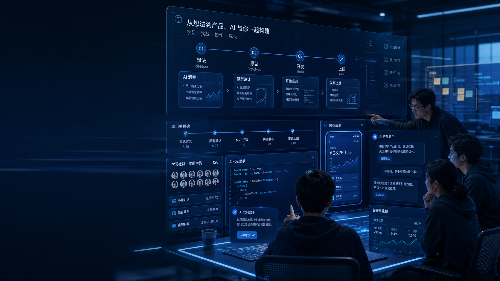 AI 产品工作台展示从想法、原型、代码到上线的产品构建流程